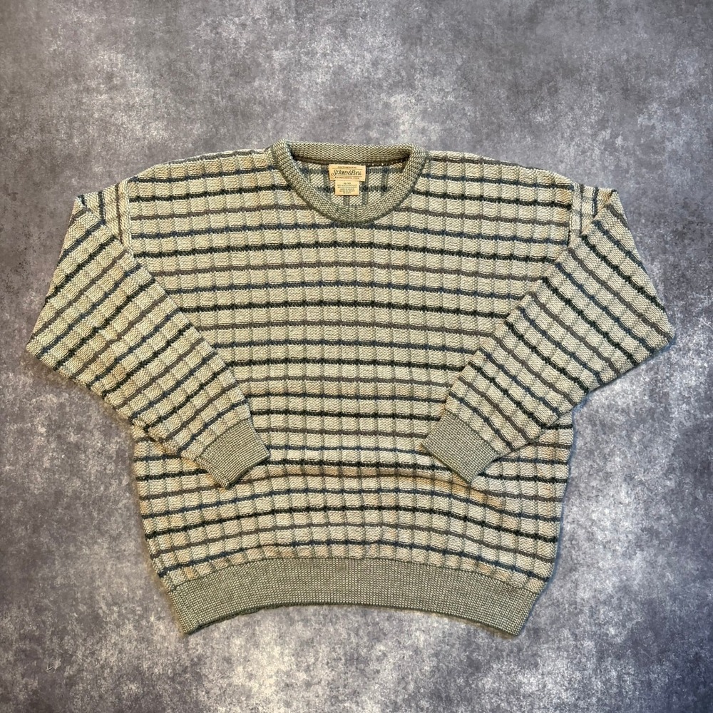 VTG St Johns Bay Mens XL Green Gray Stripe Textured‎ Knit Cotton Blend Sweater